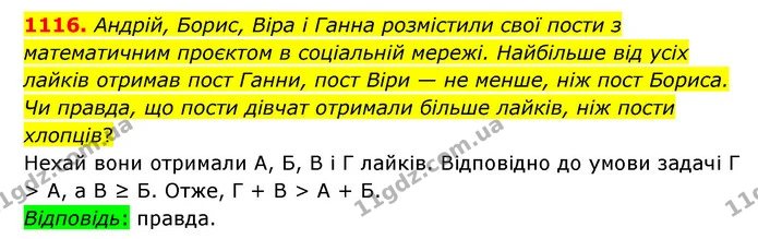 1116. Андрій, Борис, Віра і Ганна розмістили свої пости з математичним проєктом в соціальній мережі. Найбільше від усіх лайків отримав — ГДЗ Математика 6 клас Бевз 1-2 ч.