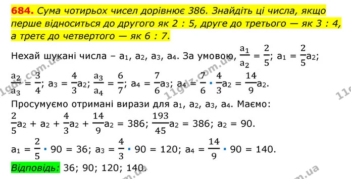 684. Сума чотирьох чисел дорівнює 386. Знайдіть ці числа, якщо перше відноситься до другого як 2 : 5, друге до третього — як 3 : 4, а — ГДЗ Математика 6 клас Мерзляк 2023 1-2 ч.