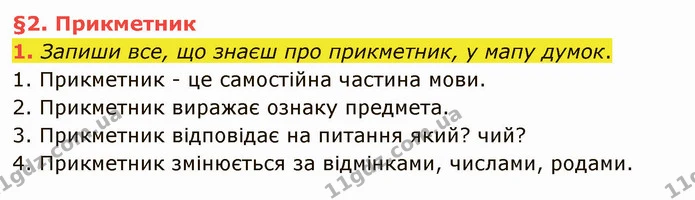 1. Запиши все, що знаєш про прикметник, у мапу думок. — ГДЗ Українська мова та читання 4 клас Остапенко 2 ч.