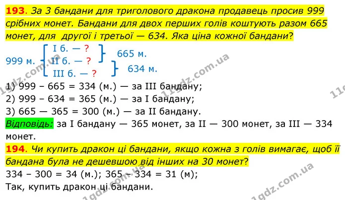193. За 3 бандани для триголового дракона продавець просив 999 срібних монет. Бандани для двох перших голів коштують разом 665 монет — ГДЗ Математика 3 клас Бевз 2 частина
