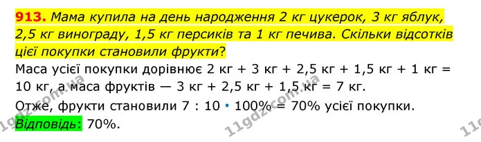 913. Мама купила на день народження 2 кг цукерок, 3 кг яблук, 2,5 кг винограду, 1,5 кг персиків та 1 кг печива. Скільки відсотків цієї — ГДЗ Математика 6 клас Тарасенкова 2023 1-2 ч.