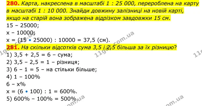 280. Карта, накреслена в масштабі 1 : 25 000, перероблена на карту в масштабі 1 : 10 000. Знайди довжину залізниці на новій карті, якщо — ГДЗ Математика 6 клас Бевз 1-2 ч.