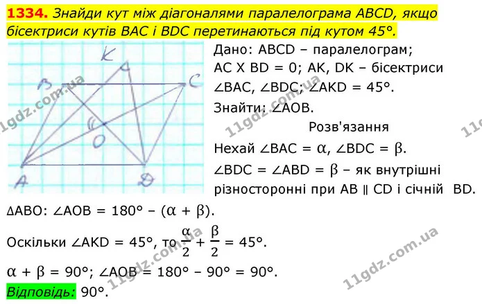 1334. Знайди кут між діагоналями паралелограма АВСD, якщо бісектриси кутів ВАС і ВDС перетинаються під кутом 45°. — ГДЗ Геометрія 8 клас Бевз