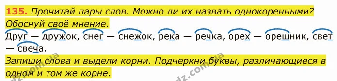 135. Прочитай пары слов. Можно ли их назвать однокоренными? Обоснуй своё мнение. — ГДЗ Русский язык и чтение 3 класс Лапшина