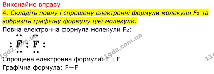 4. Складіть повну і спрощену електронні формули молекули F₂ та зобразіть графічну формулу цієї молекули. — ГДЗ Хімія 8 клас Попель