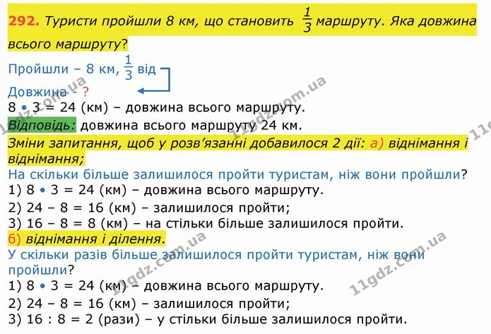 292. Туристи пройшли 8 км, що становить маршруту. Яка довжина всього маршруту? — ГДЗ Математика 4 клас Лишенко 1-2 ч.