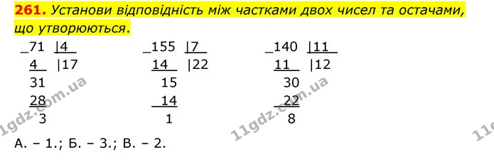 261. Установи відповідність між частками двох чисел та остачами, що утворюються. — ГДЗ Математика 4 клас Бевз 1 та 2 частини