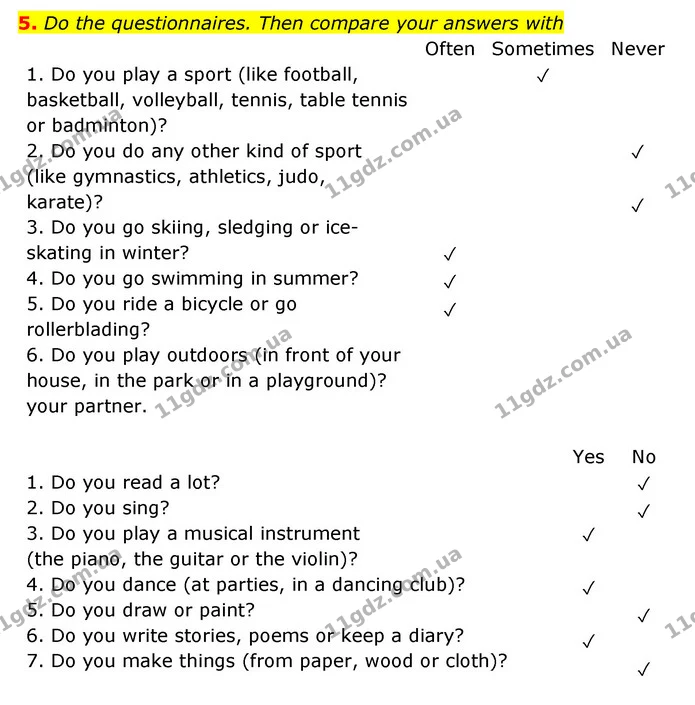 5. Do the questionnaires. Then compare your answers with — ГДЗ Робочий зошит Англійська мова 5 клас Карпюк