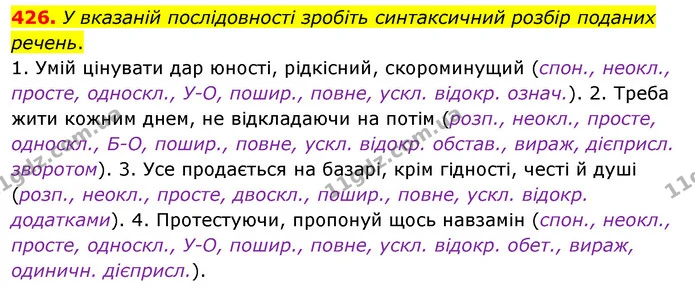 426. У вказаній послідовності зробіть синтаксичний розбір поданих речень. — ГДЗ Українська мова 8 клас Глазова О.П. 2021