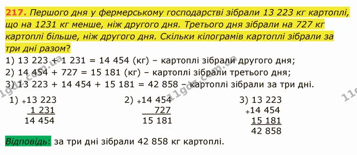 217. Першого дня у фермерському господарстві зібрали 13 223 кг картоплі, що на 1231 кг менше, ніж другого дня. Третього дня зібрали на — ГДЗ Математика 5 клас Істер 2022