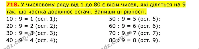 718. У числовому ряду від 1 до 80 є вісім чисел, які діляться на 9 так, що частка дорівнює остачі. Запиши ці рівності. — ГДЗ Математика 3 клас Будна 1-2 ч.