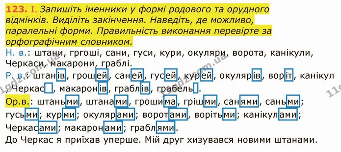 123. І. Запишіть іменники у формі родового та орудного — ГДЗ Українська мова 6 клас Заболотний 2019