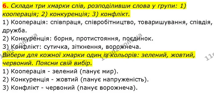 6. Склади три хмарки слів, розподіливши слова у групи: 1) кооперація; 2) конкуренція; 3) конфлікт. — ГДЗ Етика 6 клас Давидюк