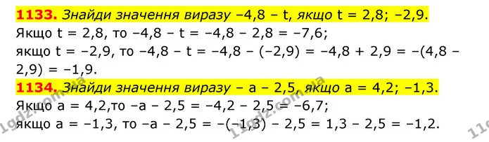 1133. Знайди значення виразу –4,8 – t, якщо t = 2,8; –2,9. — ГДЗ Математика 6 клас Істер 2023 1-2 ч.