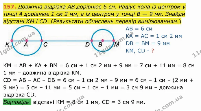 157. Довжина відрізка АВ дорівнює 6 см. Радіус кола із центром у точці А дорівнює 1 см 2 мм, а із центром у точці В — 9 мм. Знайди — ГДЗ Математика 4 клас Лишенко 1-2 ч.