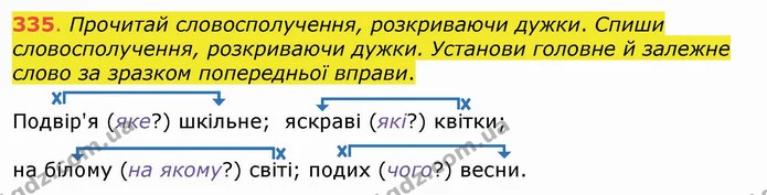 335. Прочитай словосполучення, розкриваючи дужки. Спиши словосполучення, розкриваючи дужки. Установи головне й залежне слово за зразком — ГДЗ Українська мова та читання 4 клас Захарійчук