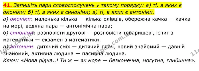 41. Запишіть пари словосполучень у такому порядку: а) ті, в яких є омоніми; б) ті, в яких є синоніми; в) ті, в яких є антоніми. — ГДЗ Українська мова 6 клас Ворон, Солопенко