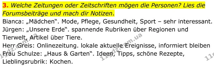 3. Welche Zeitungen oder Zeitschriften mögen die Personen? Lies die Forumsbeiträge und mach dir Notizen. — ГДЗ Німецька мова 8 клас Сотникова (2025) 4 рік