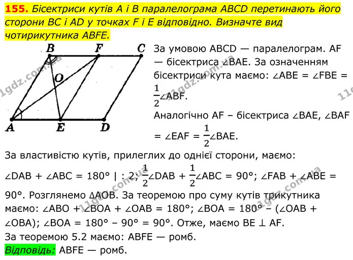 155. Бісектриси кутів A i B паралелограма ABCD перетинають його сторони BC і AD у точках F i E відповідно. Визначте вид чотирикутника — ГДЗ Геометрія 8 клас Мерзляк