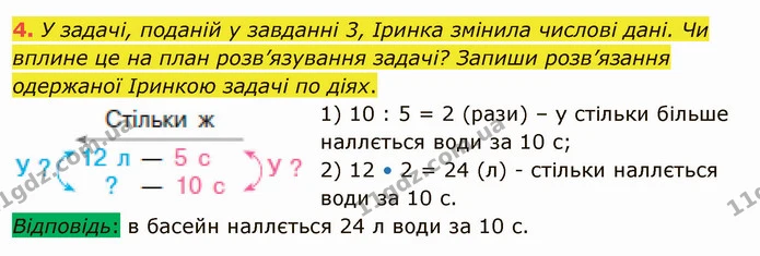 4. У задачі, поданій у завданні 3, Іринка змінила числові дані. Чи вплине це на план розв’язування задачі? Запиши розв’язання одержаної — ГДЗ Математика 4 клас Скворцова