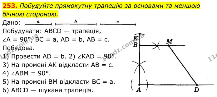 253. Побудуйте прямокутну трапецію за основами та меншою — ГДЗ Геометрія 8 клас Мерзляк