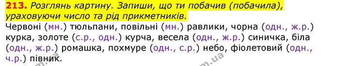 213. Розглянь картину. Запиши, що ти побачив (побачила), ураховуючи число та рід прикметників. — ГДЗ Українська мова та читання 3 клас Захарійчук 2020