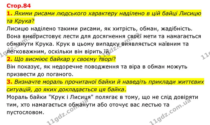 1. Якими рисами людського характеру наділено в цій байці Лисицю та Крука? — ГДЗ Зарубіжна література 6 клас Волощук
