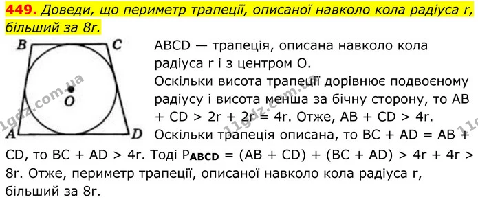 449. Доведи, що периметр трапеції, описаної навколо кола радіуса r, більший за 8r. — ГДЗ Геометрія 8 клас Бевз