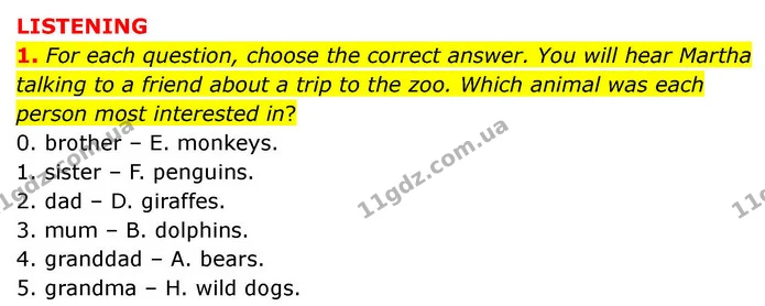 1. For each question, choose the correct answer. You will hear Martha talking to a friend about a trip to the zoo. Which animal was — ГДЗ робочий зошит Англійська мова 7 клас Prepare