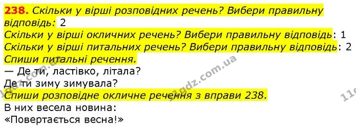 238. Скільки у вірші розповідних речень? Вибери правильну відповідь: 2 — ГДЗ Українська мова 2 клас Захарійчук