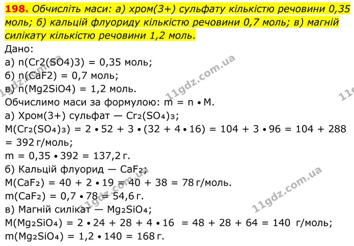 198. Обчисліть маси: а) хром(3+) сульфату кількістю речовини 0,35 моль; б) кальцій флуориду кількістю речовини 0,7 моль; в) магній — ГДЗ Хімія 8 клас Григорович