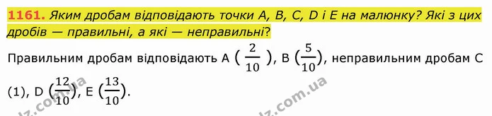1161. Яким дробам відповідають точки А, В, С, D і Е на малюнку? Які з цих дробів — правильні, а які — неправильні? — ГДЗ Математика 5 клас Істер 2022
