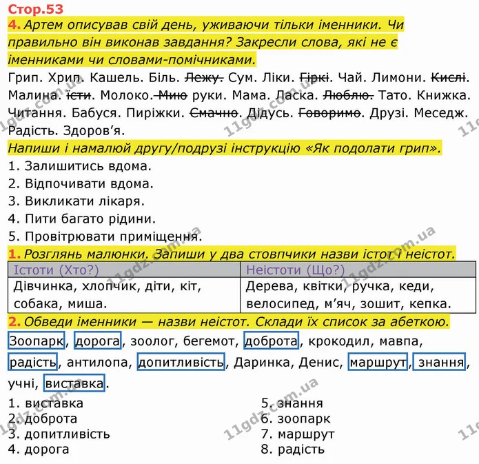 4. Артем описував свій день, уживаючи тільки іменники. Чи правильно він виконав завдання? Закресли слова, які не є іменниками чи — ГДЗ Робочий зошит Українська мова та читання 3 клас Большакова