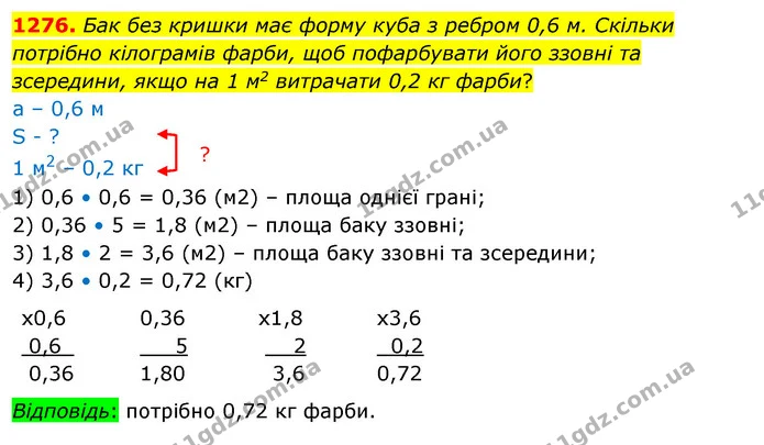 1276. Бак без кришки має форму куба з ребром 0,6 м. Скільки потрібно кілограмів фарби, щоб пофарбувати його ззовні та зсередини, якщо — ГДЗ Математика 5 клас Кравчук