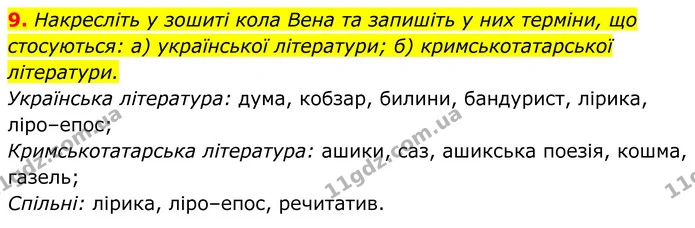 9. Накресліть у зошиті кола Вена та запишіть у них терміни, що стосуються: а) української літератури; б) кримськотатарської літератури. — ГДЗ Українська література 8 клас Калинич
