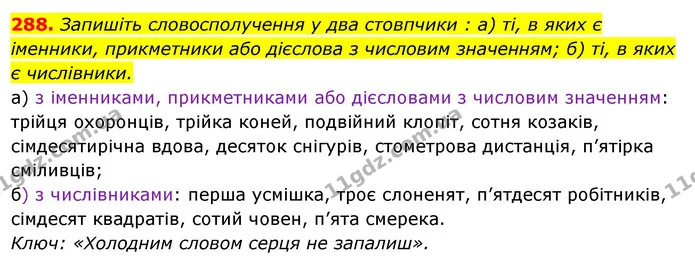 288. Запишіть словосполучення у два стовпчики : а) ті, в яких є іменники, прикметники або дієслова з числовим значенням; б) ті, в яких — ГДЗ Українська мова 6 клас Ворон, Солопенко