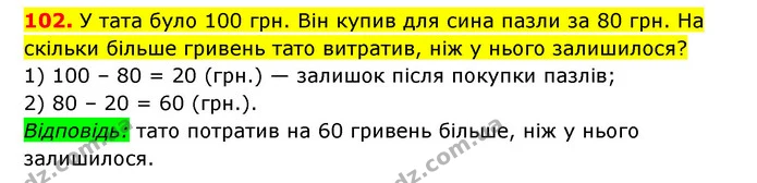 102. У тата було 100 грн. Він купив для сина пазли за 80 грн. На скільки більше гривень тато витратив, ніж у нього залишилося? — ГДЗ Математика 3 клас Будна 1-2 ч.