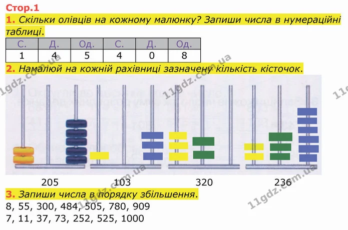 1. Скільки олівців на кожному малюнку? Запиши числа в нумераційні таблиці. — ГДЗ Робочий зошит Математика 4 клас Листопад