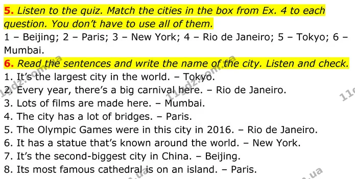 5. Listen to the quiz. Match the cities in the box from Ex. 4 to each question. You don’t have to use all of them. — ГДЗ Англійська мова 7 клас Коста