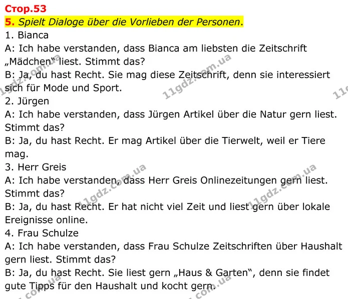 5. Spielt Dialoge über die Vorlieben der Personen. — ГДЗ Німецька мова 8 клас Сотникова (2025) 4 рік