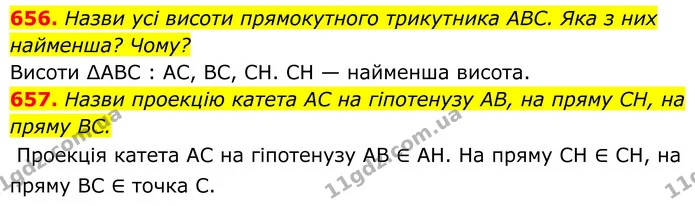 656. Назви усі висоти прямокутного трикутника ABC. Яка з них найменша? Чому? — ГДЗ Геометрія 8 клас Бевз