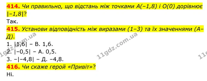 414. Чи правильно, що відстань між точками A(–1,8) і О(0) дорівнює |–1,8|? — ГДЗ Математика 6 клас Бевз 1-2 ч.