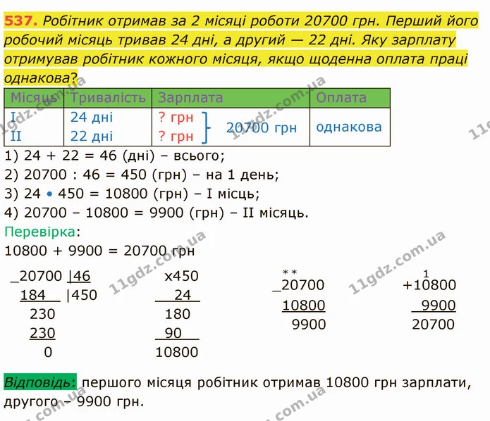 537. Робітник отримав за 2 місяці роботи 20700 грн. Перший його робочий місяць тривав 24 дні, а другий — 22 дні. Яку зарплату отримував — ГДЗ Математика 4 клас Заїка