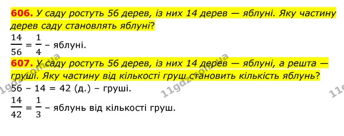 606. У саду ростуть 56 дерев, із них 14 дерев — яблуні. Яку частину дерев саду становлять яблуні? — ГДЗ Математика 6 клас Мерзляк 2023 1-2 ч.