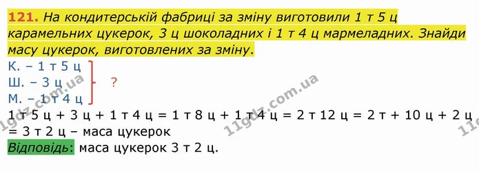 121. На кондитерській фабриці за зміну виготовили 1 т 5 ц карамельних цукерок, 3 ц шоколадних і 1 т 4 ц мармеладних. Знайди масу — ГДЗ Математика 4 клас Заїка