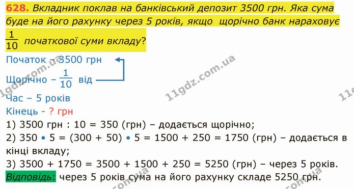 628. Вкладник поклав на банківський депозит 3500 грн. Яка сума буде на його рахунку через 5 років, якщо щорічно банк нараховує — ГДЗ Математика 4 клас Оляницька