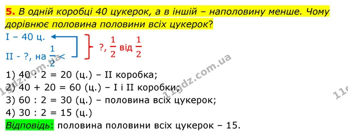 5. В одній коробці 40 цукерок, а в іншій – наполовину менше. Чому дорівнює половина половини всіх цукерок? — ГДЗ Математика 3 клас Скворцова 1-2 ч.