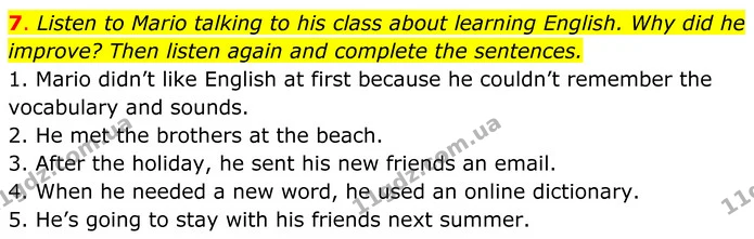 7. Listen to Mario talking to his class about learning English. Why did he — ГДЗ Англійська мова 7 клас Коста