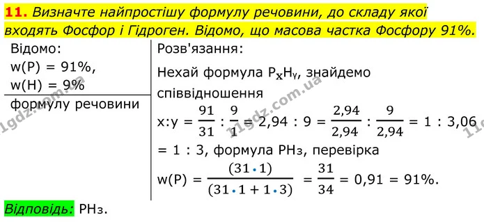 11. Визначте найпростішу формулу речовини, до складу якої входять Фосфор і Гідроген. Відомо, що масова частка Фосфору 91%. — ГДЗ Хімія 8 клас Мідак