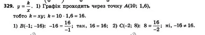 329. Графік функції y = kx проходить через точку A (10; 1,6). Чи проходить графік цієї функції через точку: — ГДЗ Алгебра 8 клас Мерзляк, Полонський 2021